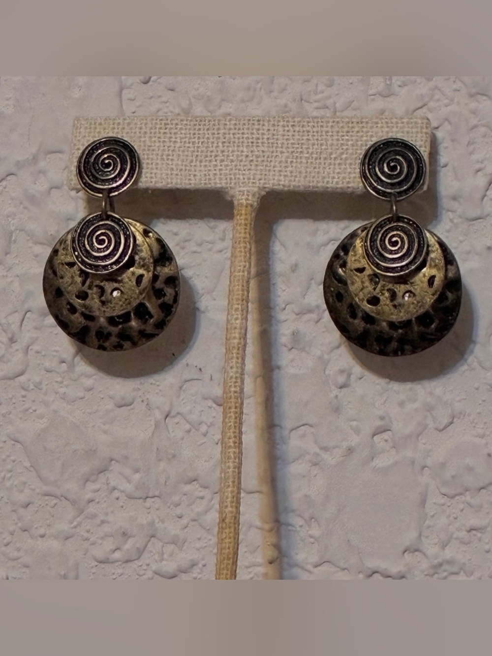Spiral Disc Post Earrings - Antique Gold Tone